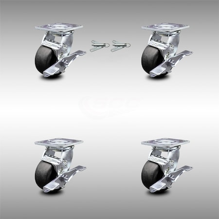 Service Caster 4 Inch SS Glass Filled Nylon Caster Set with Roll Bearings 4 Brake 2 Swivel Lock SCC-SS30S420-GFNR-TLB-BSL-2-TLB-2